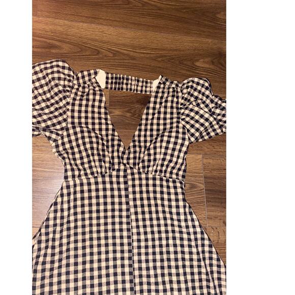 EUC DISSH Elm Chocolate Gingham Midi Dress Puff Sleeve Open Back Cotton Size 4 - Picture 16 of 16